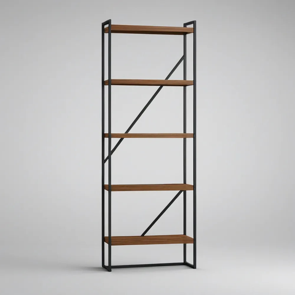 Regál s 5 policemi, MDF a ocel, ořechová/černá, 80 × 30 × 180 cm